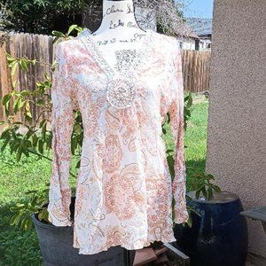 No Boundaries Retro Floral Peach Cotton Peasant Top Blouse 1X 2X Crochet